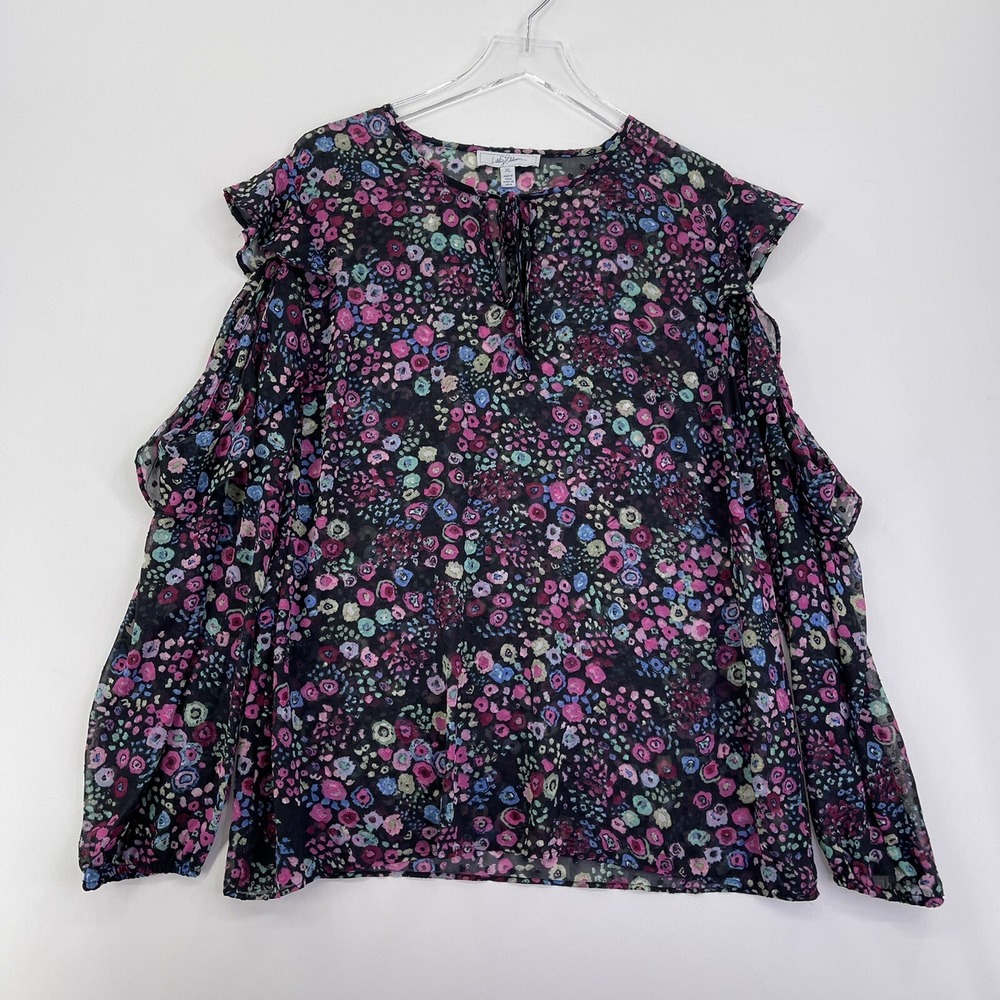 Libby Edelman Blouse Womens Top XL Black Sheer Floral Open Shoulder Ruffle Shirt
